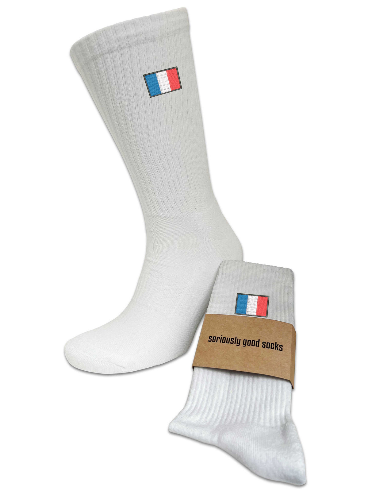 Patriotic Embroidered France Flag Crew Sports Socks In Upcycled Cotton